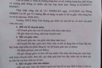 Qui Định hồ sơ của Tổ chuyên môn, giáo viên năm học 2020-2021